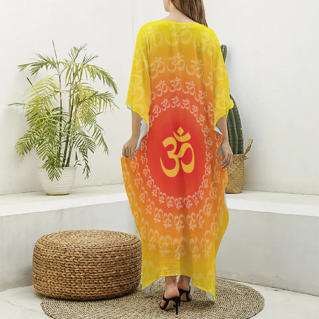 Indian Om Sign Print Silk V-Neck Kaftan Dress