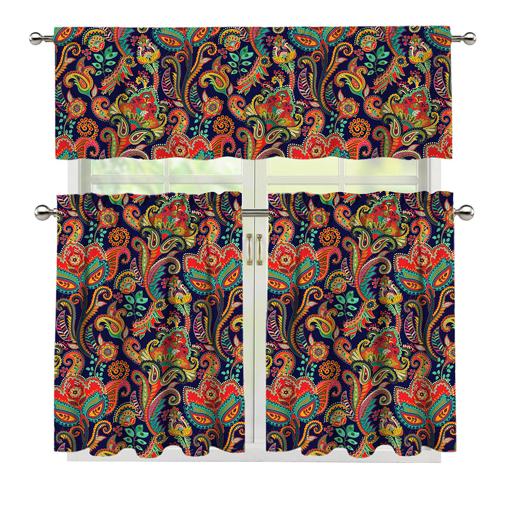 Indian Paisley Pattern Print 3 Piece Kitchen Curtains
