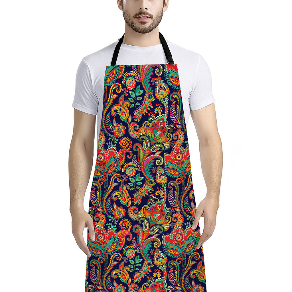 Indian Paisley Pattern Print Bib Apron With Pocket