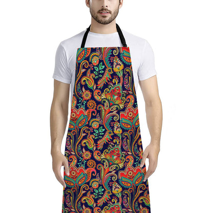 Indian Paisley Pattern Print Bib Apron With Pocket