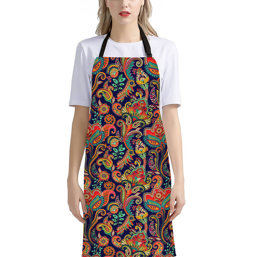 Indian Paisley Pattern Print Bib Apron With Pocket