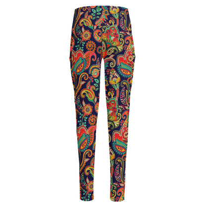 Indian Paisley Pattern Print High-Waisted Pocket Leggings