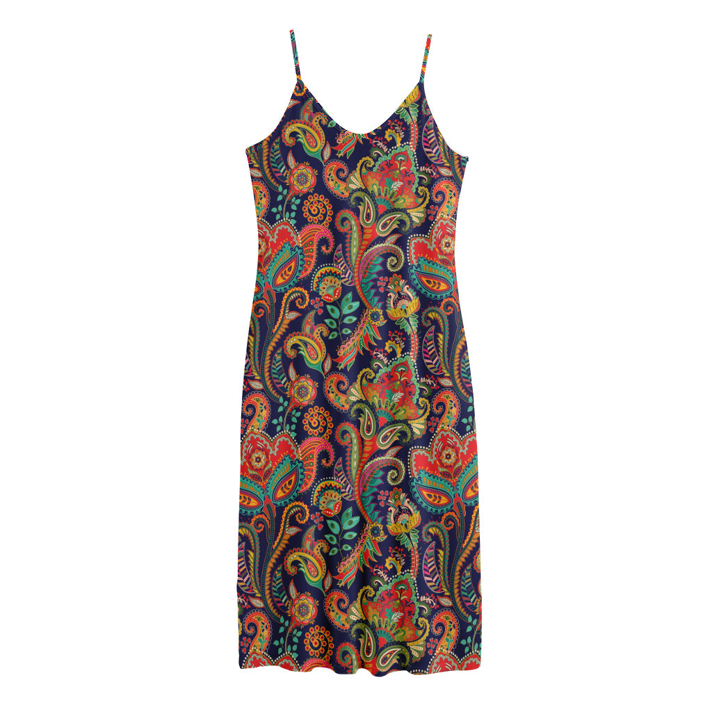 Indian Paisley Pattern Print Jersey Midi Cami Dress
