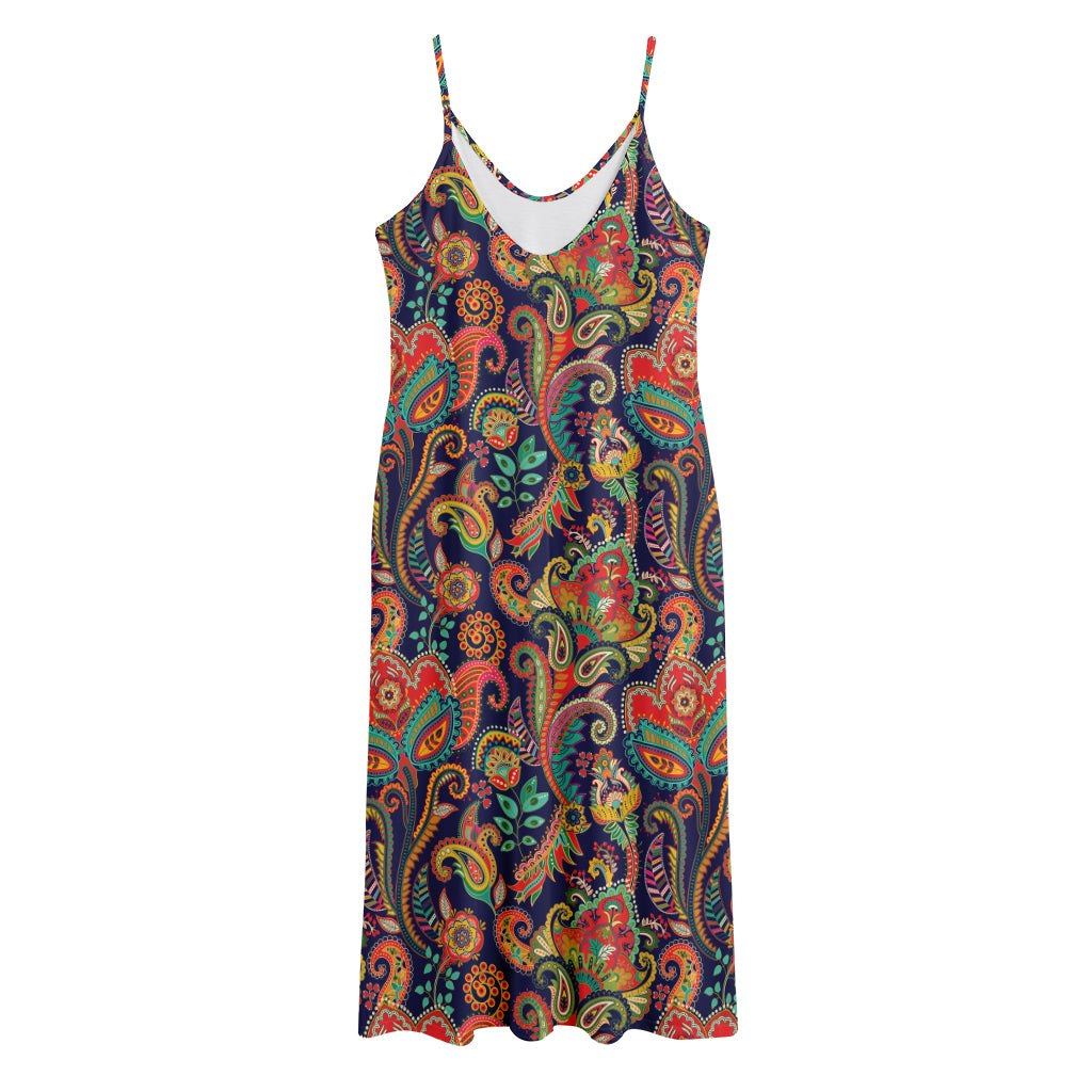 Indian Paisley Pattern Print Jersey Midi Cami Dress