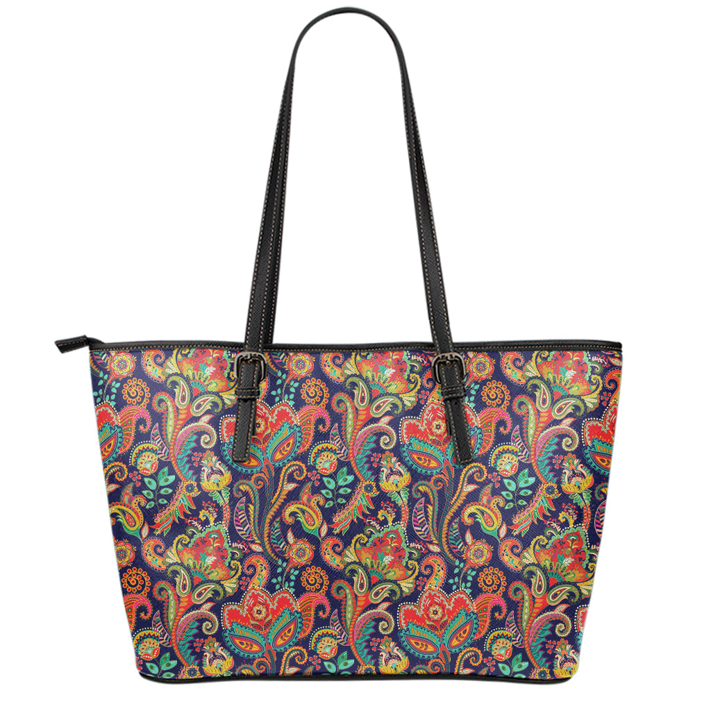 Indian Paisley Pattern Print Leather Tote Bag