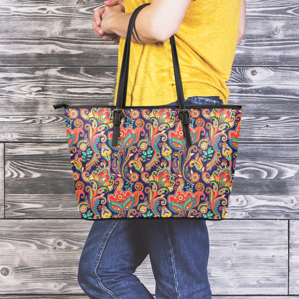 Indian Paisley Pattern Print Leather Tote Bag