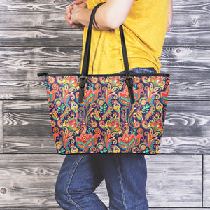 Indian Paisley Pattern Print Leather Tote Bag