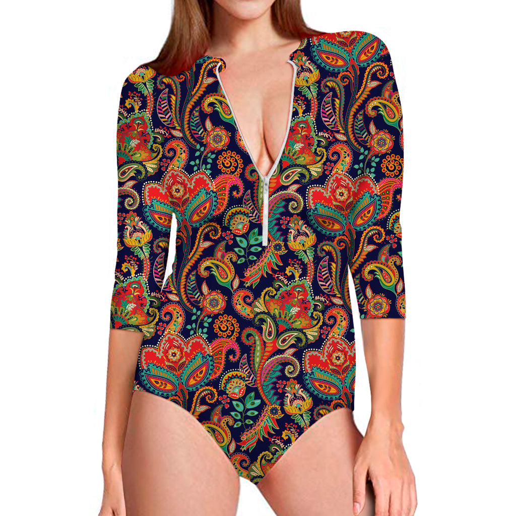 Indian Paisley Pattern Print Long Sleeve Swimsuit