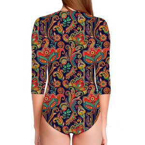 Indian Paisley Pattern Print Long Sleeve Swimsuit