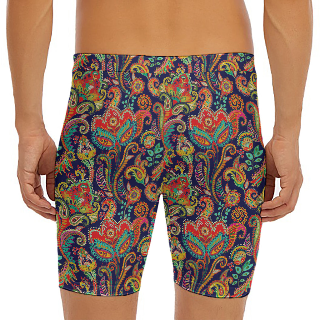 Indian Paisley Pattern Print Men's Long Boxer Briefs