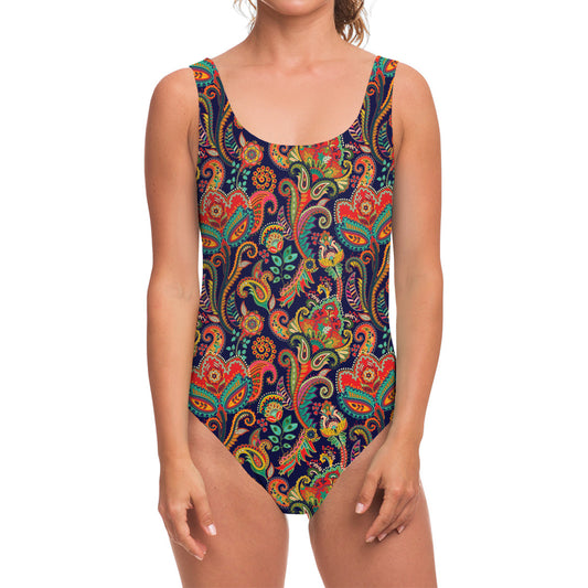 Indian Paisley Pattern Print One Piece Swimsuit