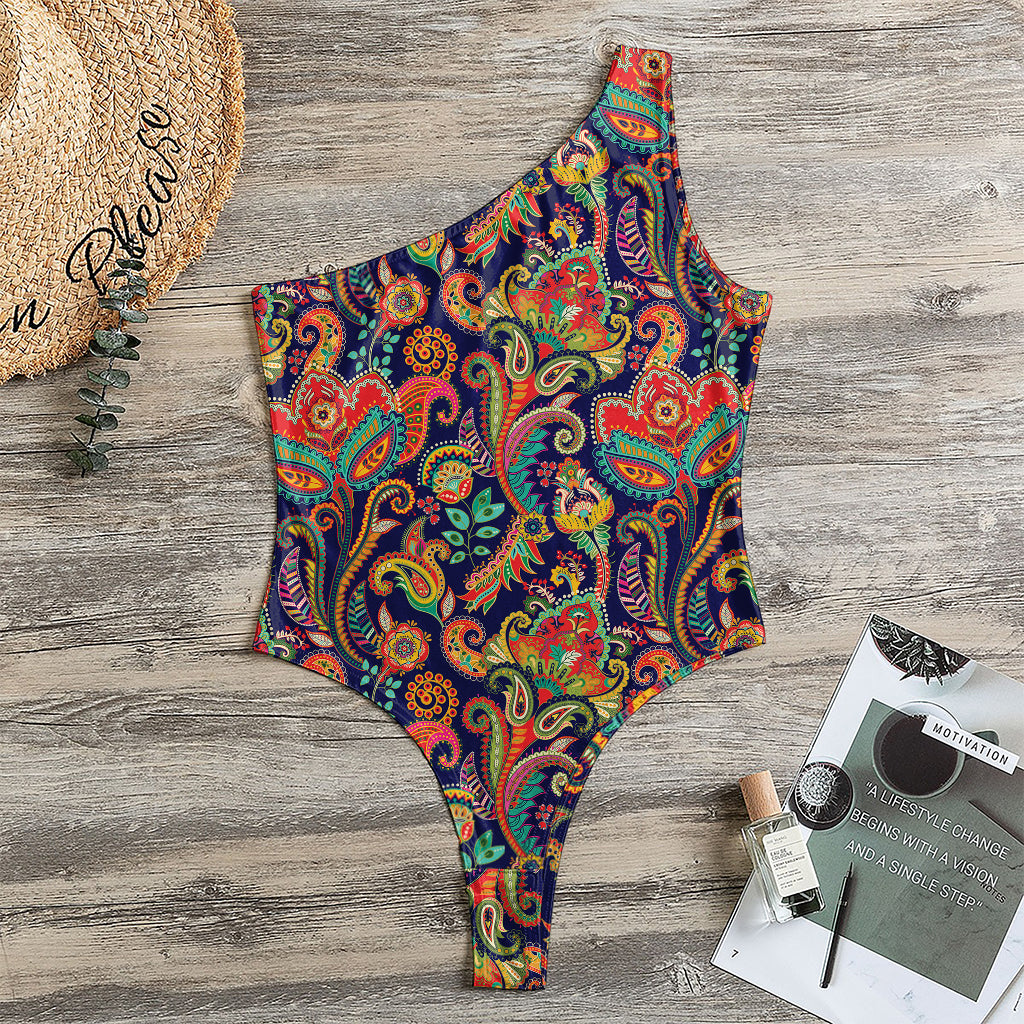 Indian Paisley Pattern Print One Shoulder Bodysuit