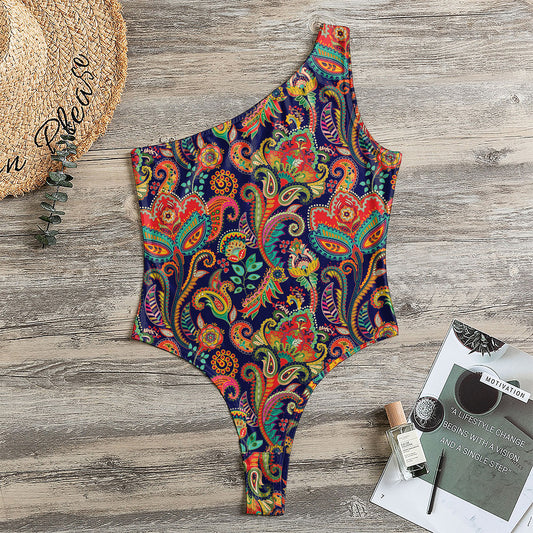 Indian Paisley Pattern Print One Shoulder Bodysuit