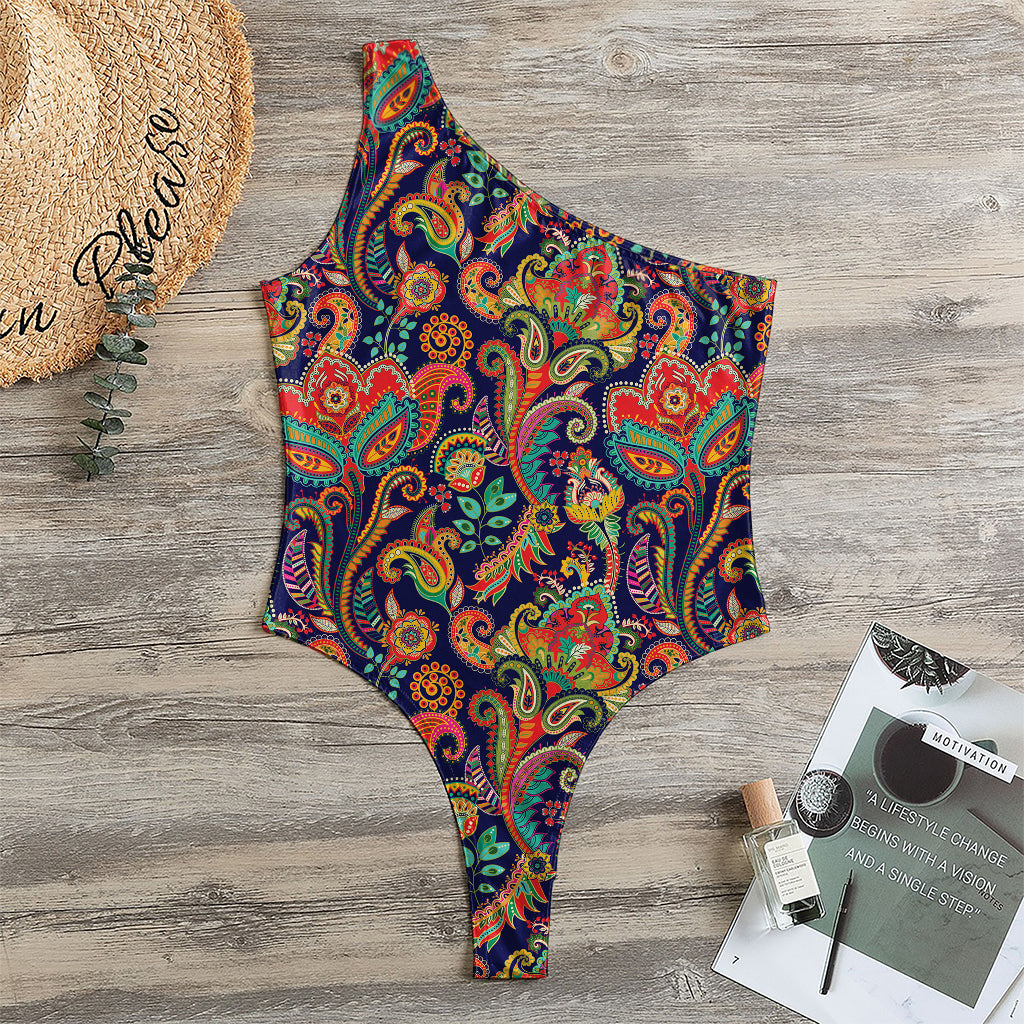 Indian Paisley Pattern Print One Shoulder Bodysuit