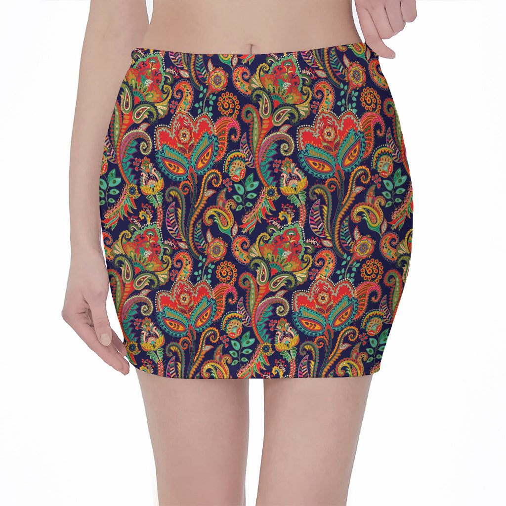 Indian Paisley Pattern Print Pencil Mini Skirt