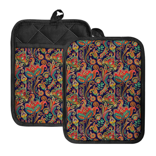 Indian Paisley Pattern Print Pot Holders With Pocket