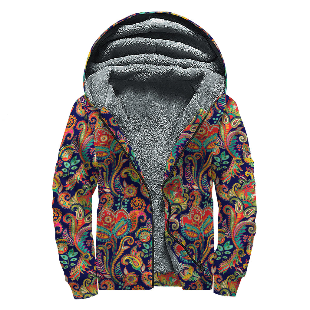 Indian Paisley Pattern Print Sherpa Lined Zip Up Hoodie