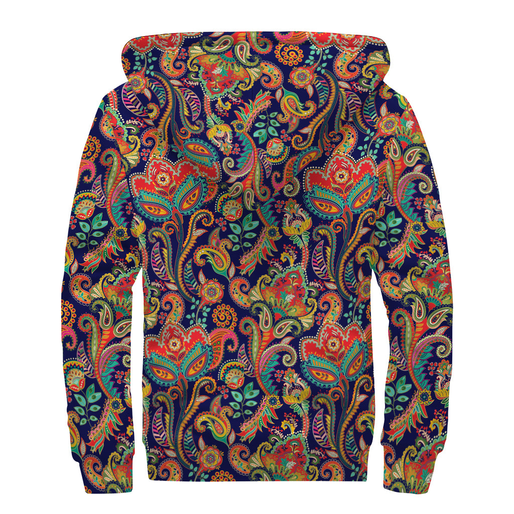 Indian Paisley Pattern Print Sherpa Lined Zip Up Hoodie