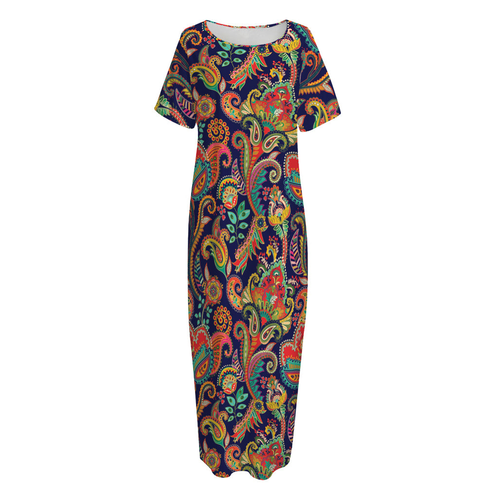 Indian Paisley Pattern Print Short Sleeve Long Nightdress