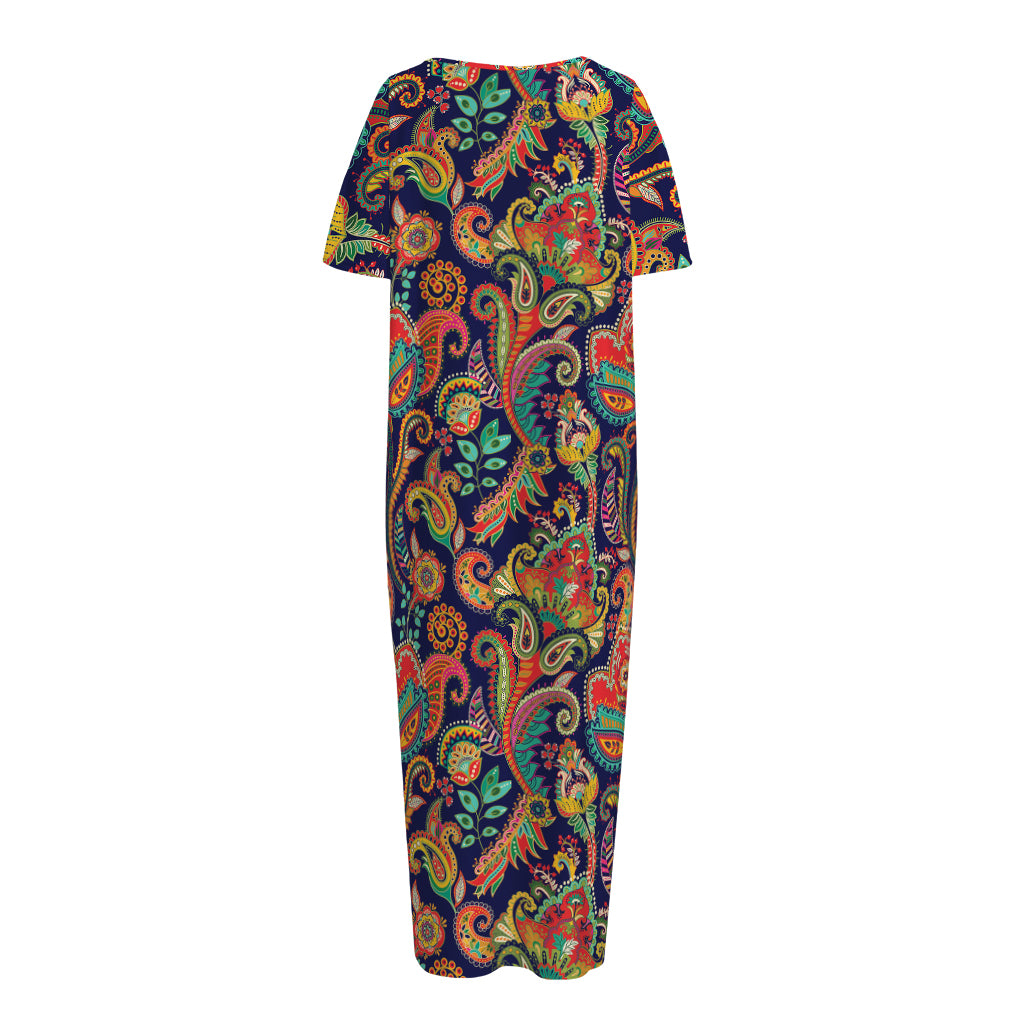 Indian Paisley Pattern Print Short Sleeve Long Nightdress