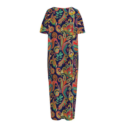 Indian Paisley Pattern Print Short Sleeve Long Nightdress