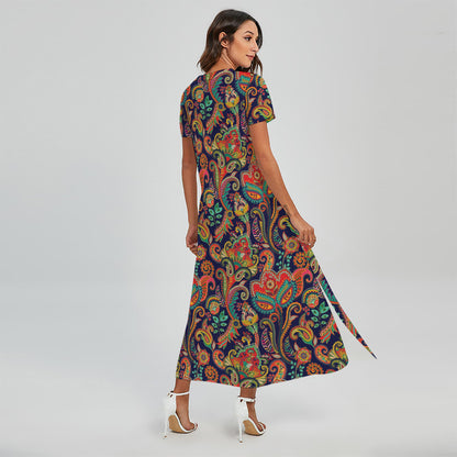 Indian Paisley Pattern Print Short Sleeve Maxi Dress