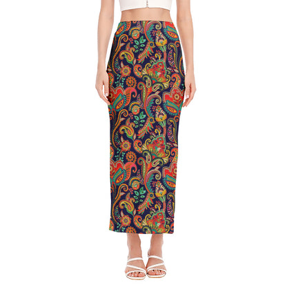 Indian Paisley Pattern Print Side Slit Maxi Skirt