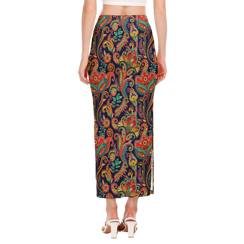 Indian Paisley Pattern Print Side Slit Maxi Skirt