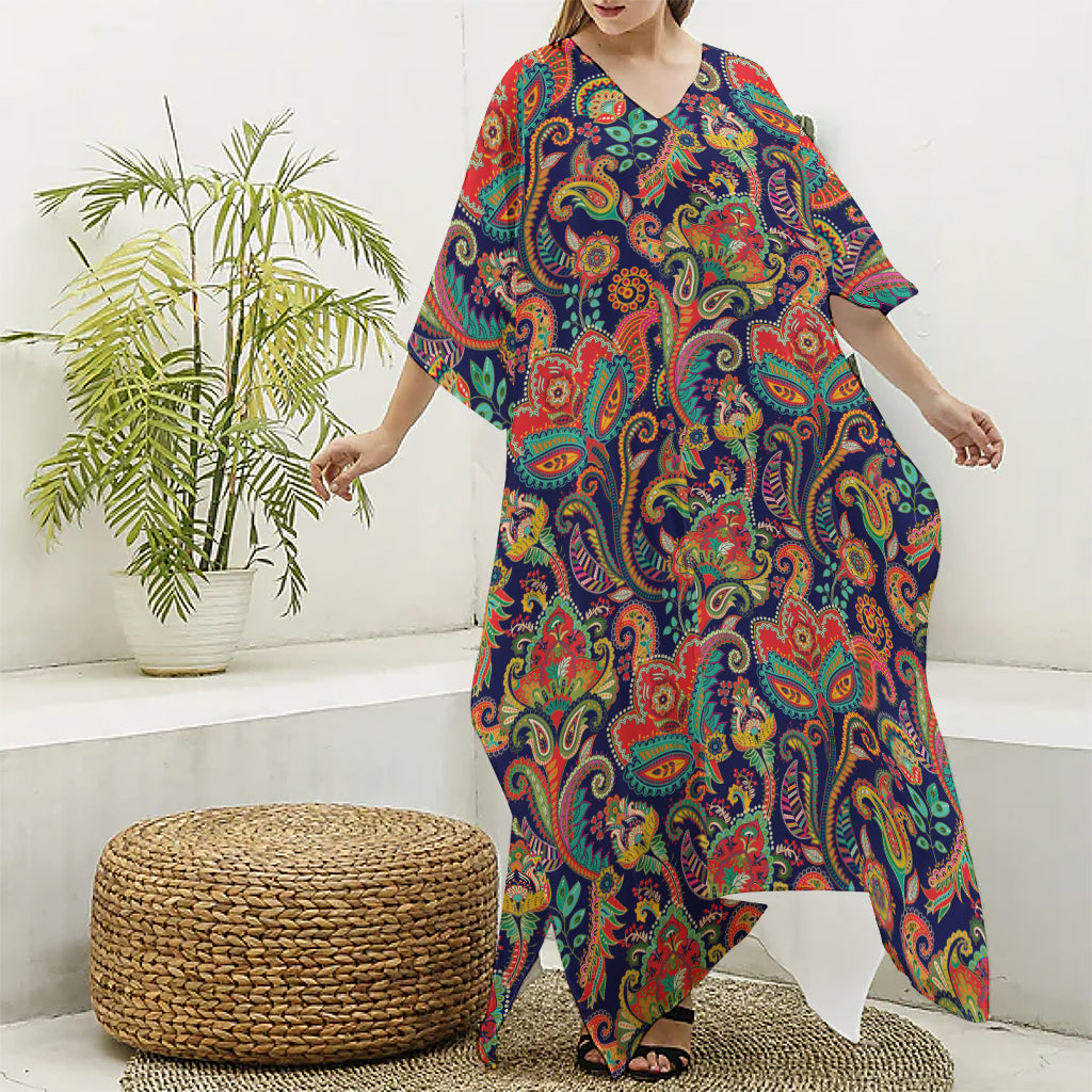 Indian Paisley Pattern Print Silk V-Neck Kaftan Dress