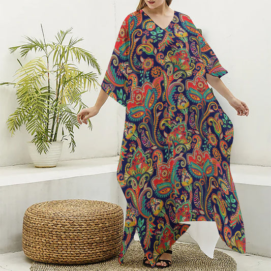 Indian Paisley Pattern Print Silk V-Neck Kaftan Dress