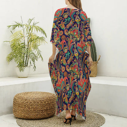 Indian Paisley Pattern Print Silk V-Neck Kaftan Dress