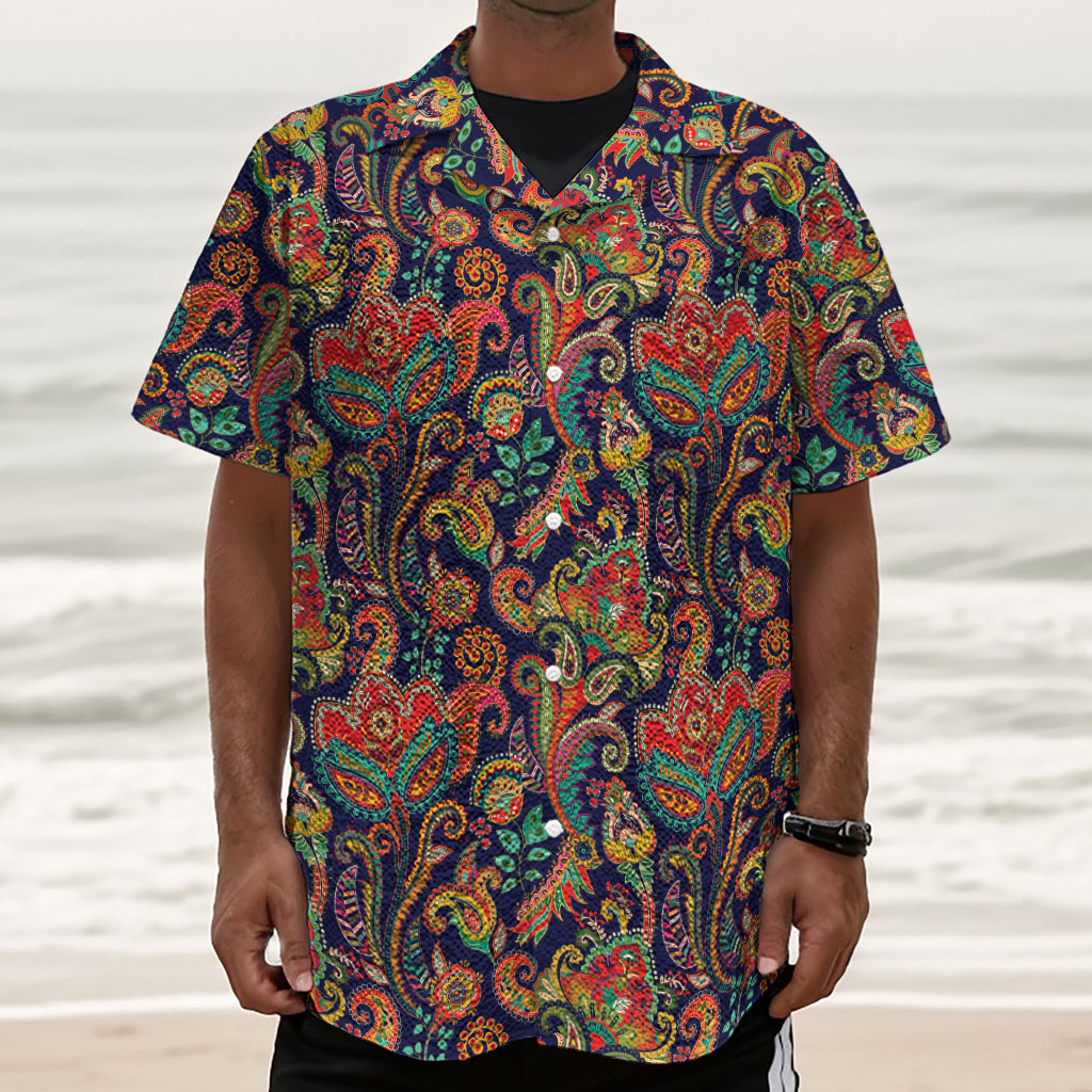 Indian Paisley Pattern Print Textured Short Sleeve Shirt