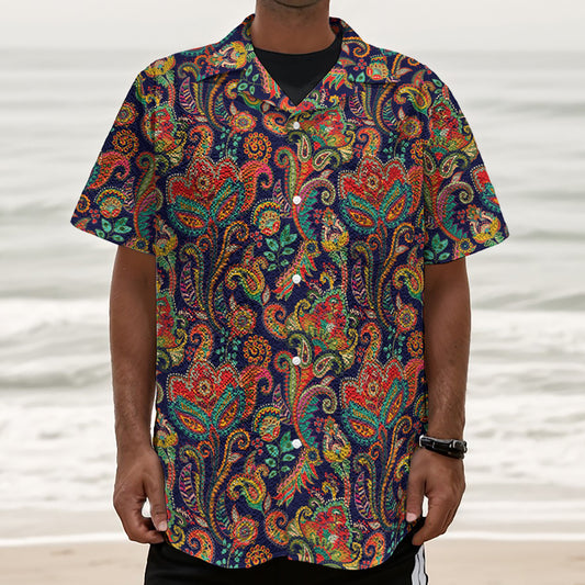 Indian Paisley Pattern Print Textured Short Sleeve Shirt