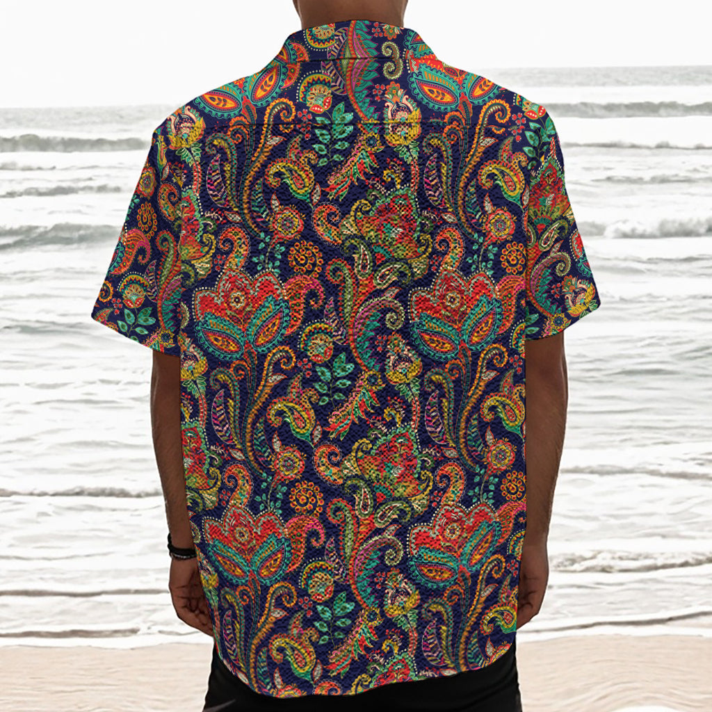 Indian Paisley Pattern Print Textured Short Sleeve Shirt