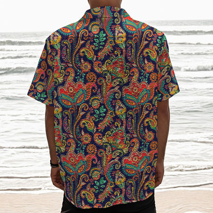 Indian Paisley Pattern Print Textured Short Sleeve Shirt