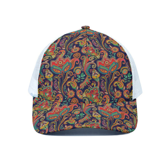 Indian Paisley Pattern Print White Mesh Trucker Cap