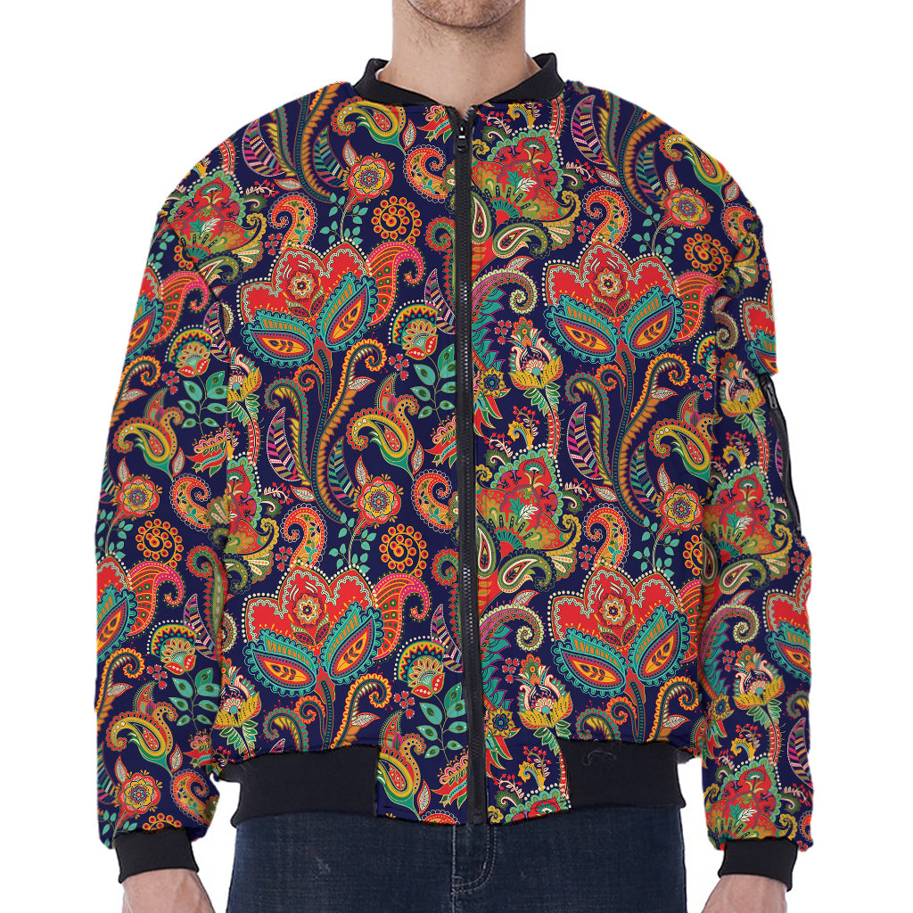 Indian Paisley Pattern Print Zip Sleeve Bomber Jacket