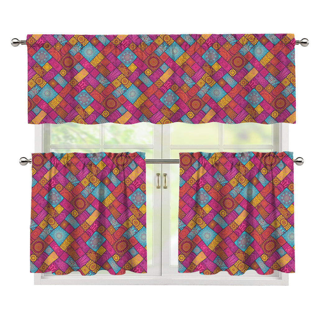 Indian Patchwork Pattern Print 3 Piece Kitchen Curtains