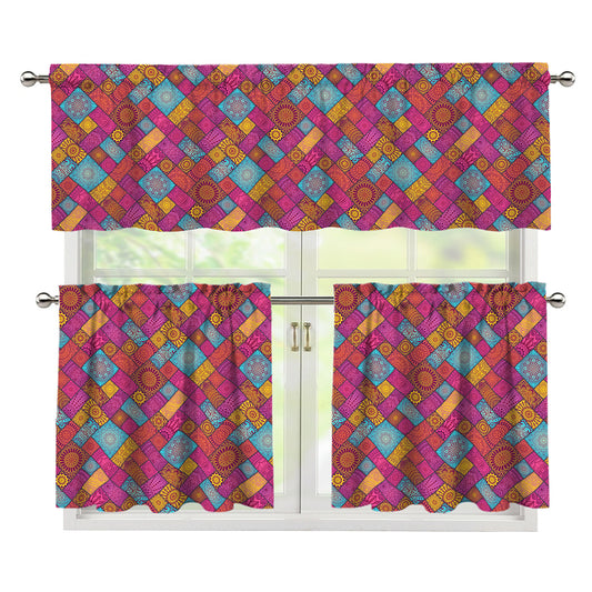 Indian Patchwork Pattern Print 3 Piece Kitchen Curtains