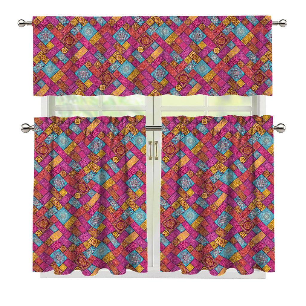 Indian Patchwork Pattern Print 3 Piece Kitchen Curtains