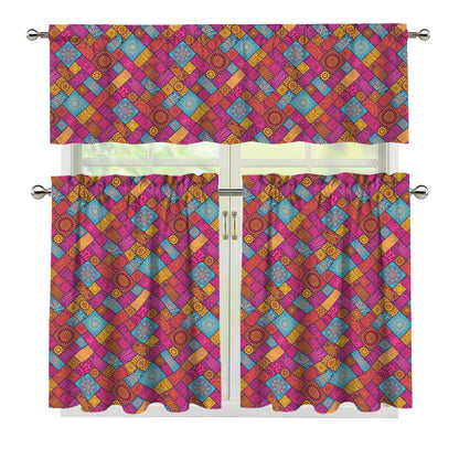 Indian Patchwork Pattern Print 3 Piece Kitchen Curtains