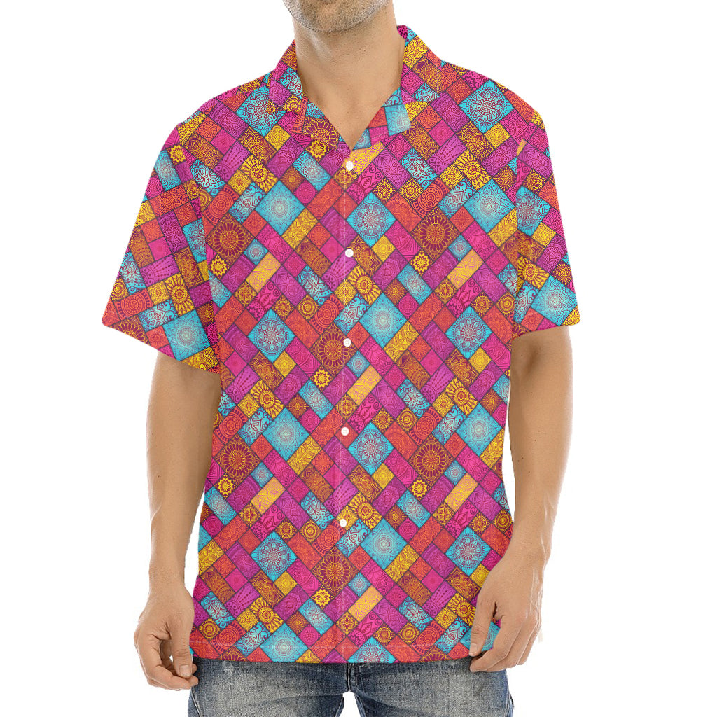 Indian Patchwork Pattern Print Aloha Shirt