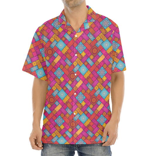 Indian Patchwork Pattern Print Aloha Shirt