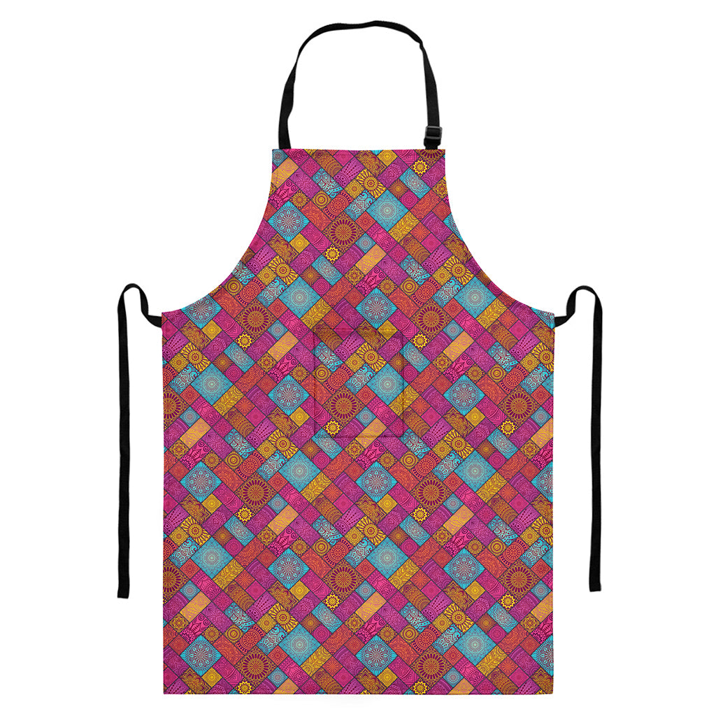 Indian Patchwork Pattern Print Bib Apron With Pocket