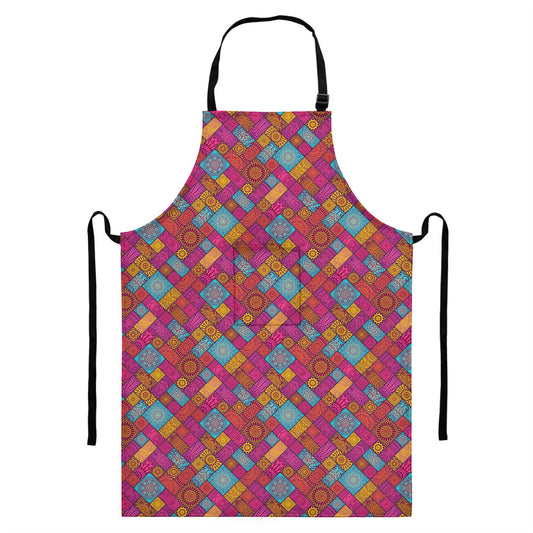 Indian Patchwork Pattern Print Bib Apron With Pocket