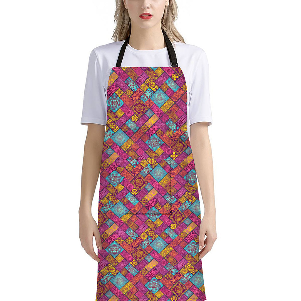 Indian Patchwork Pattern Print Bib Apron With Pocket