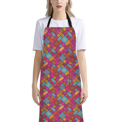 Indian Patchwork Pattern Print Bib Apron With Pocket