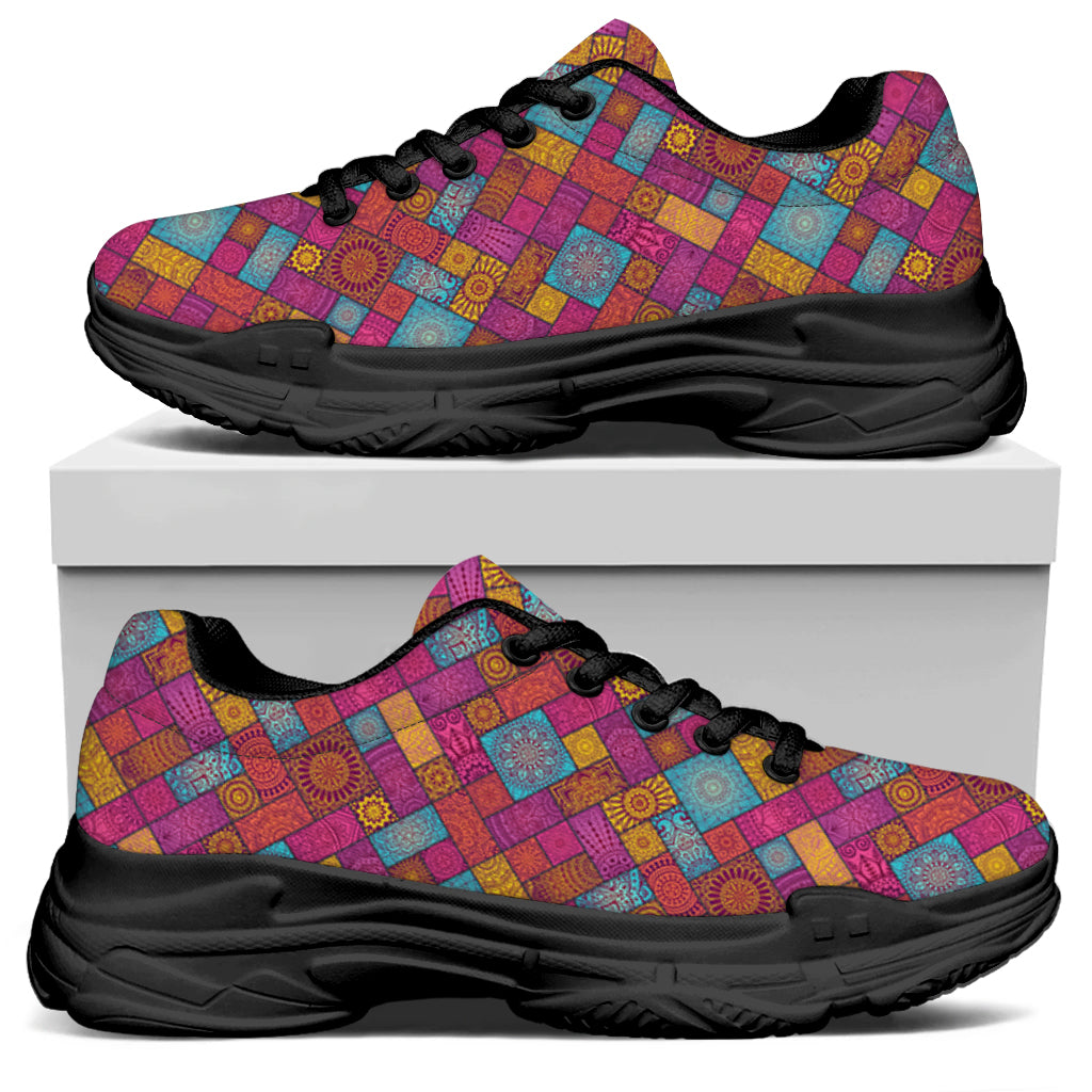 Indian Patchwork Pattern Print Black Chunky Shoes