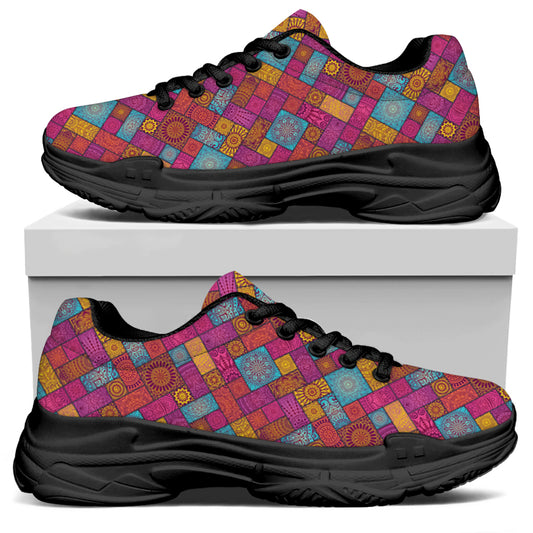 Indian Patchwork Pattern Print Black Chunky Shoes