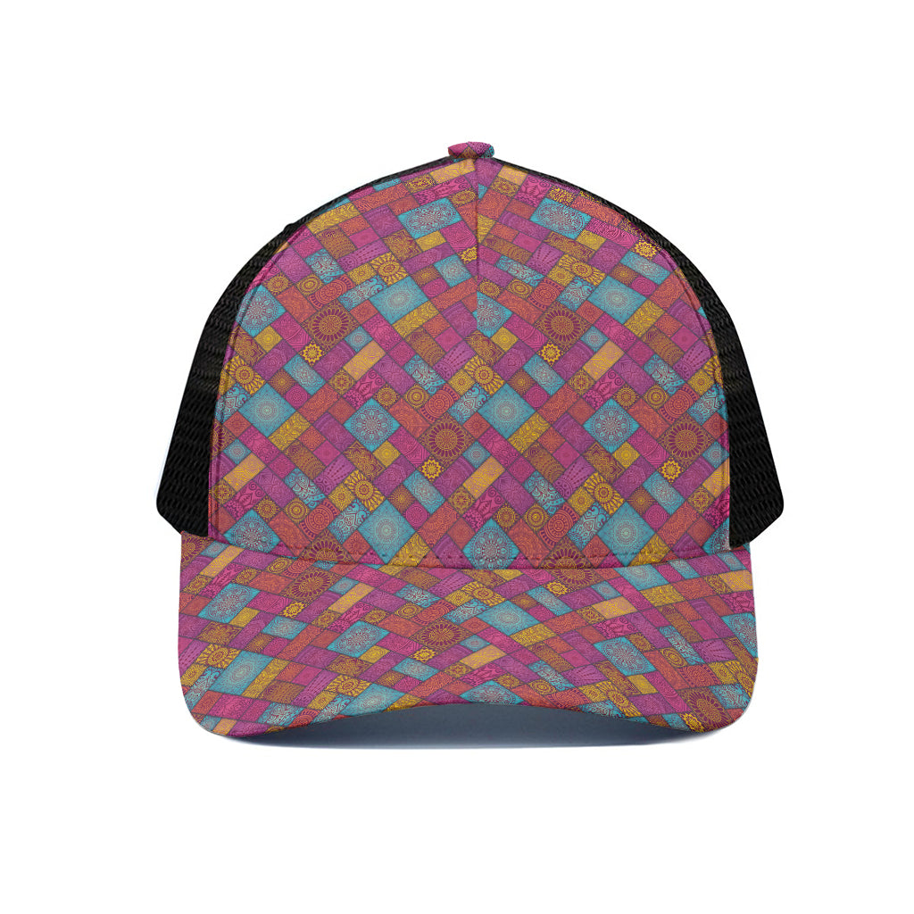 Indian Patchwork Pattern Print Black Mesh Trucker Cap